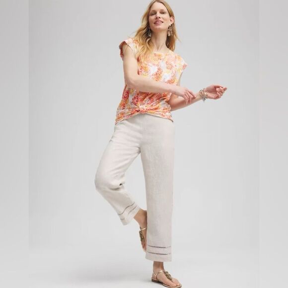 Chicos Size 3/16 Linen Ladder Trim Pull On Cropped Straight Leg Pants Breathable - Picture 2 of 11